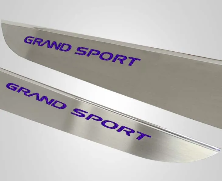2010-2013 C6 Corvette - Door Guards with Grand Sport Inlay 2Pc - Brushed Stainless