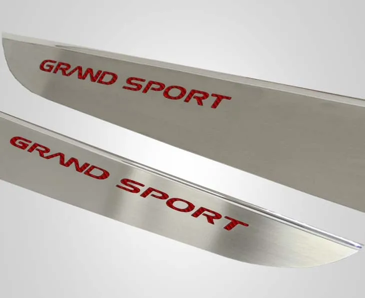 2010-2013 C6 Corvette - Door Guards with Grand Sport Inlay 2Pc - Brushed Stainless
