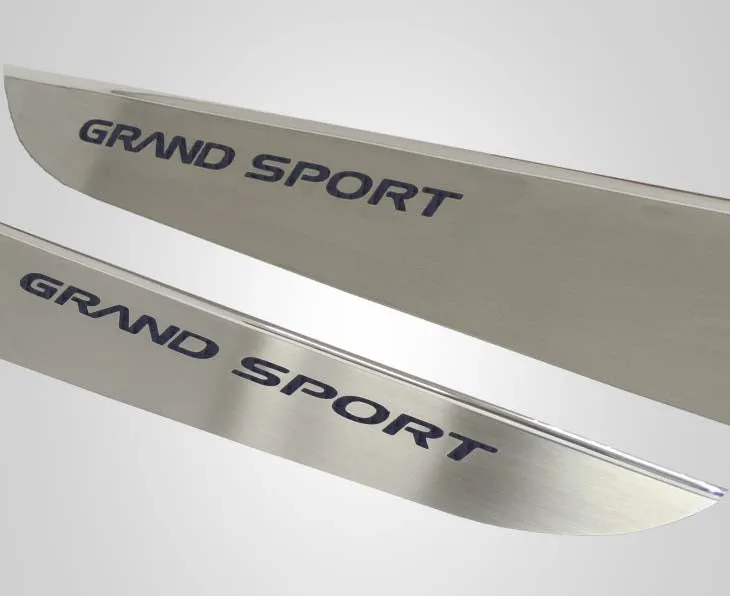 2010-2013 C6 Corvette - Door Guards with Grand Sport Inlay 2Pc - Brushed Stainless