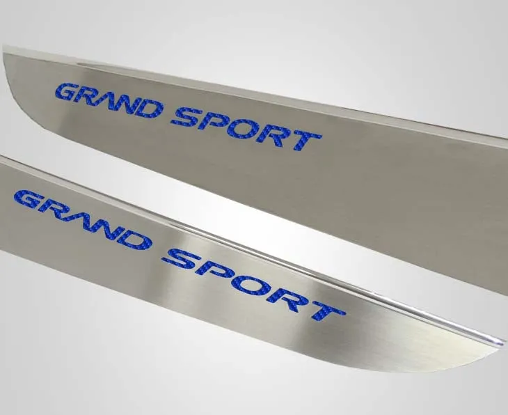 2010-2013 C6 Corvette - Door Guards with Grand Sport Inlay 2Pc - Brushed Stainless