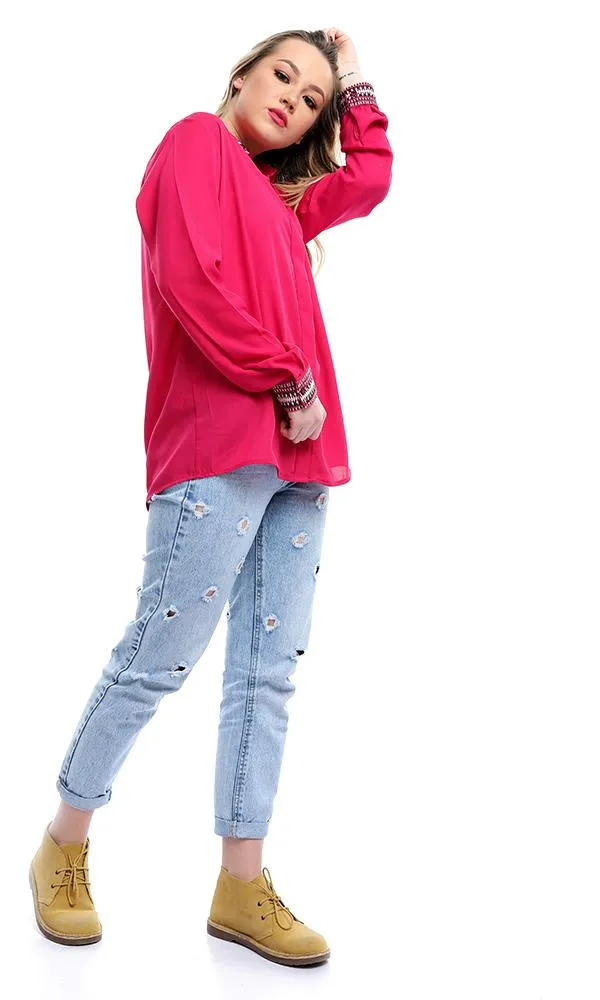 38946 Decorative Long Sleeves Fuchsia Chiffon Shirt