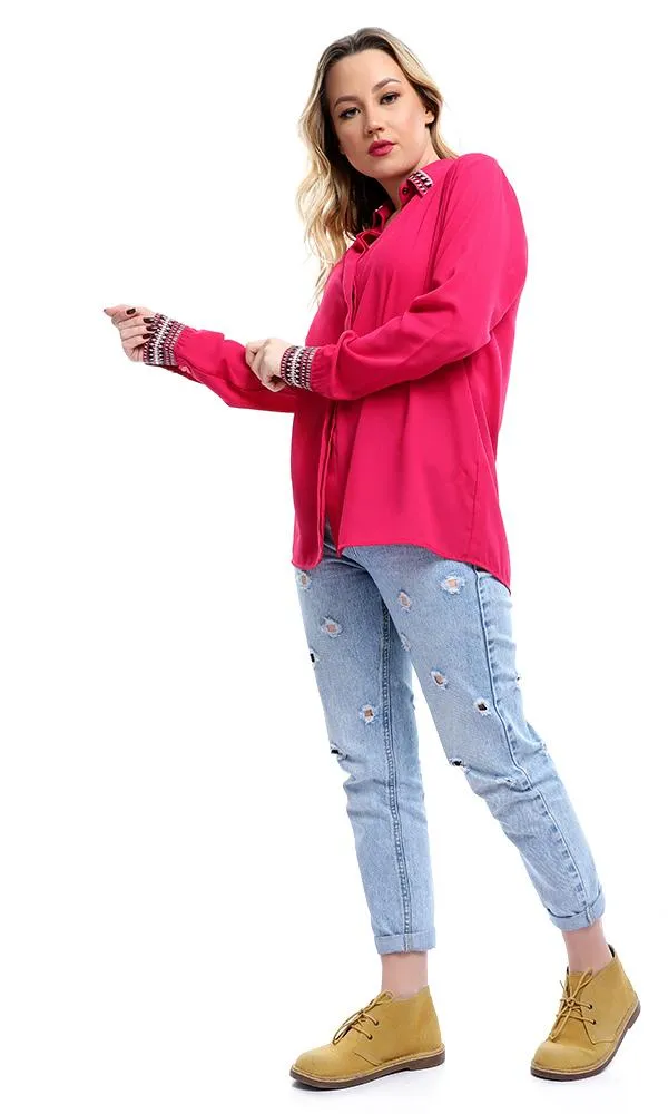 38946 Decorative Long Sleeves Fuchsia Chiffon Shirt