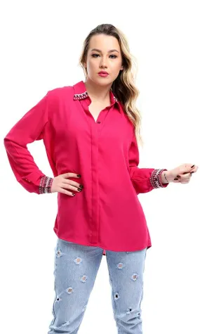 38946 Decorative Long Sleeves Fuchsia Chiffon Shirt