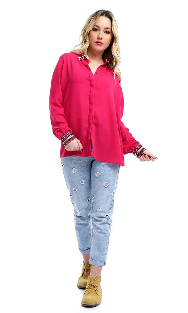 38946 Decorative Long Sleeves Fuchsia Chiffon Shirt