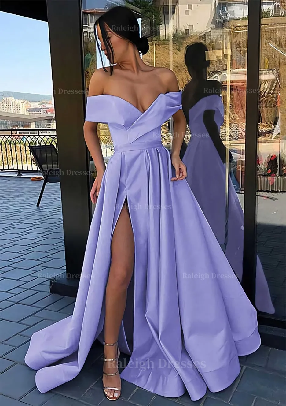 A-line Off-the-Shoulder Cap Straps Sweep Train Satin Prom Dress With Pleated Split