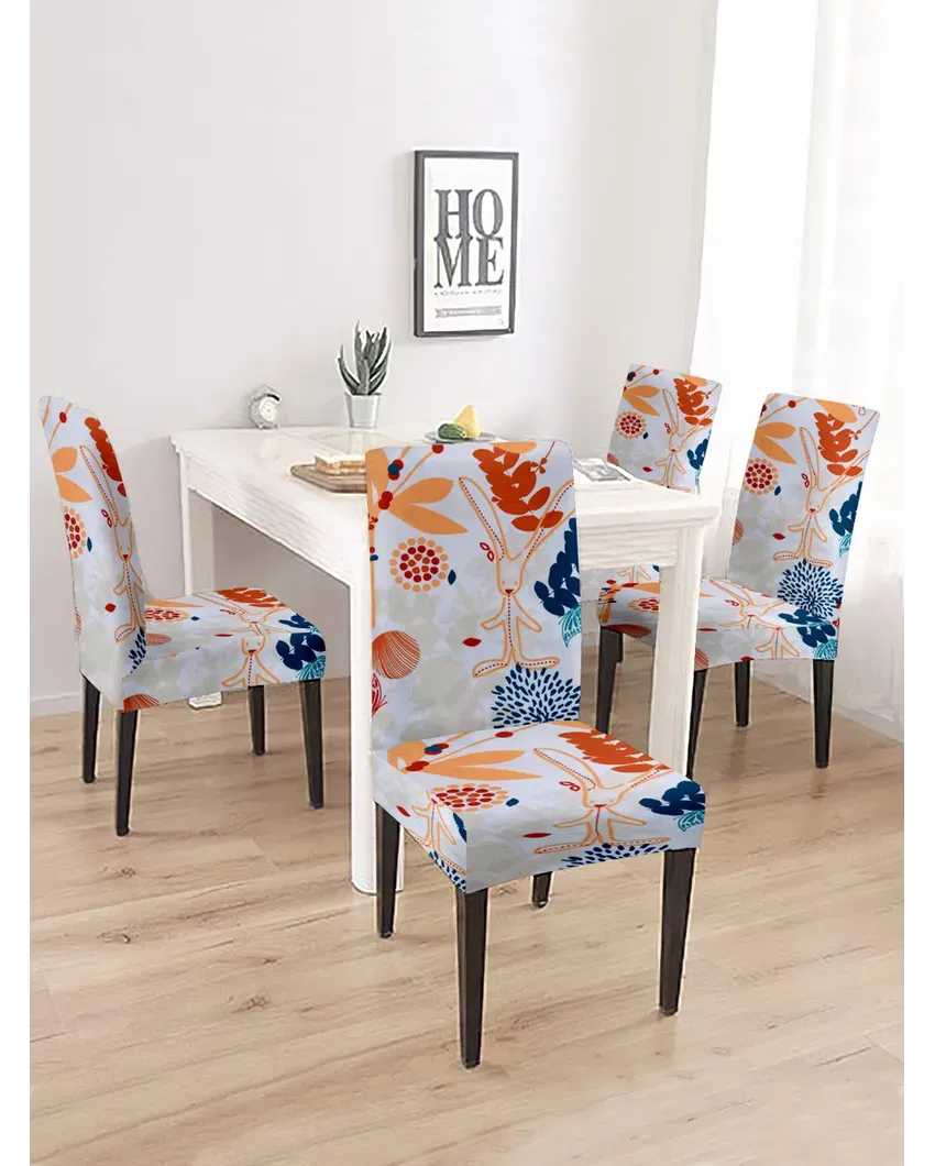 Abstract Print White and Orange Chair Covers | Set of 4 | 18 x 18 inches