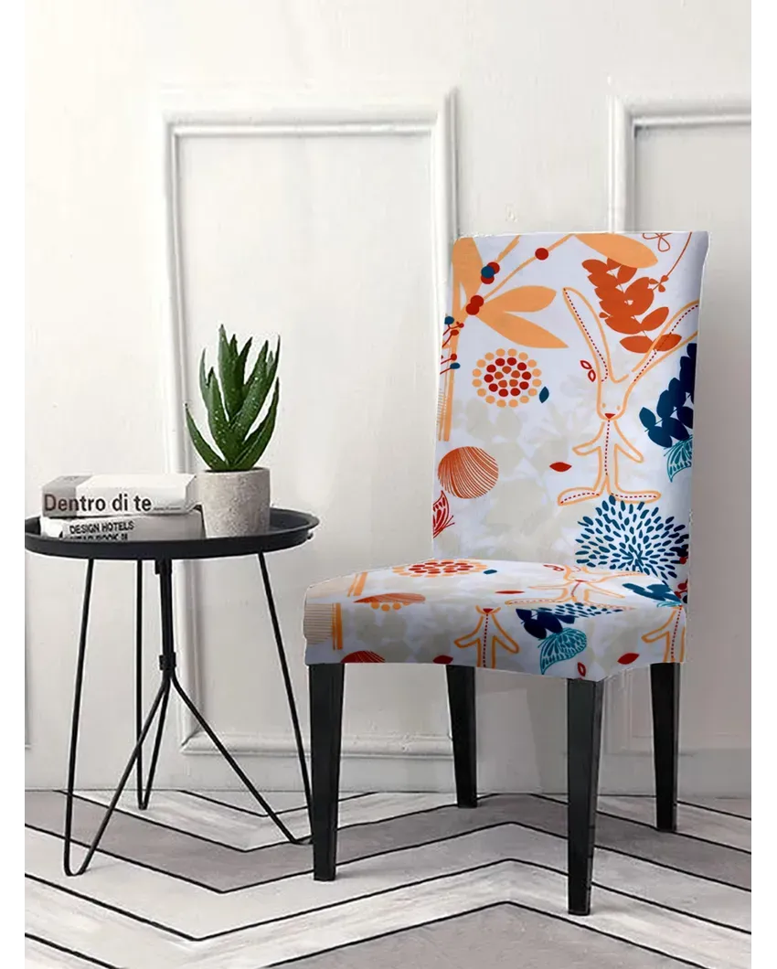 Abstract Print White and Orange Chair Covers | Set of 4 | 18 x 18 inches