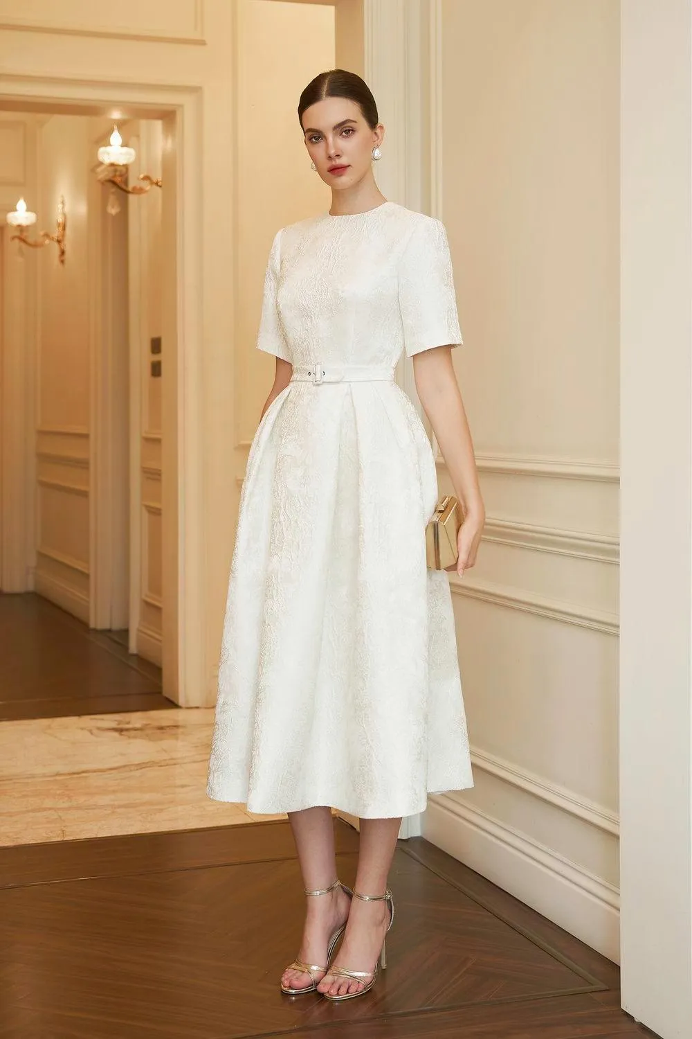 Avery A-line Short Sleeved Brocade Midi Dress