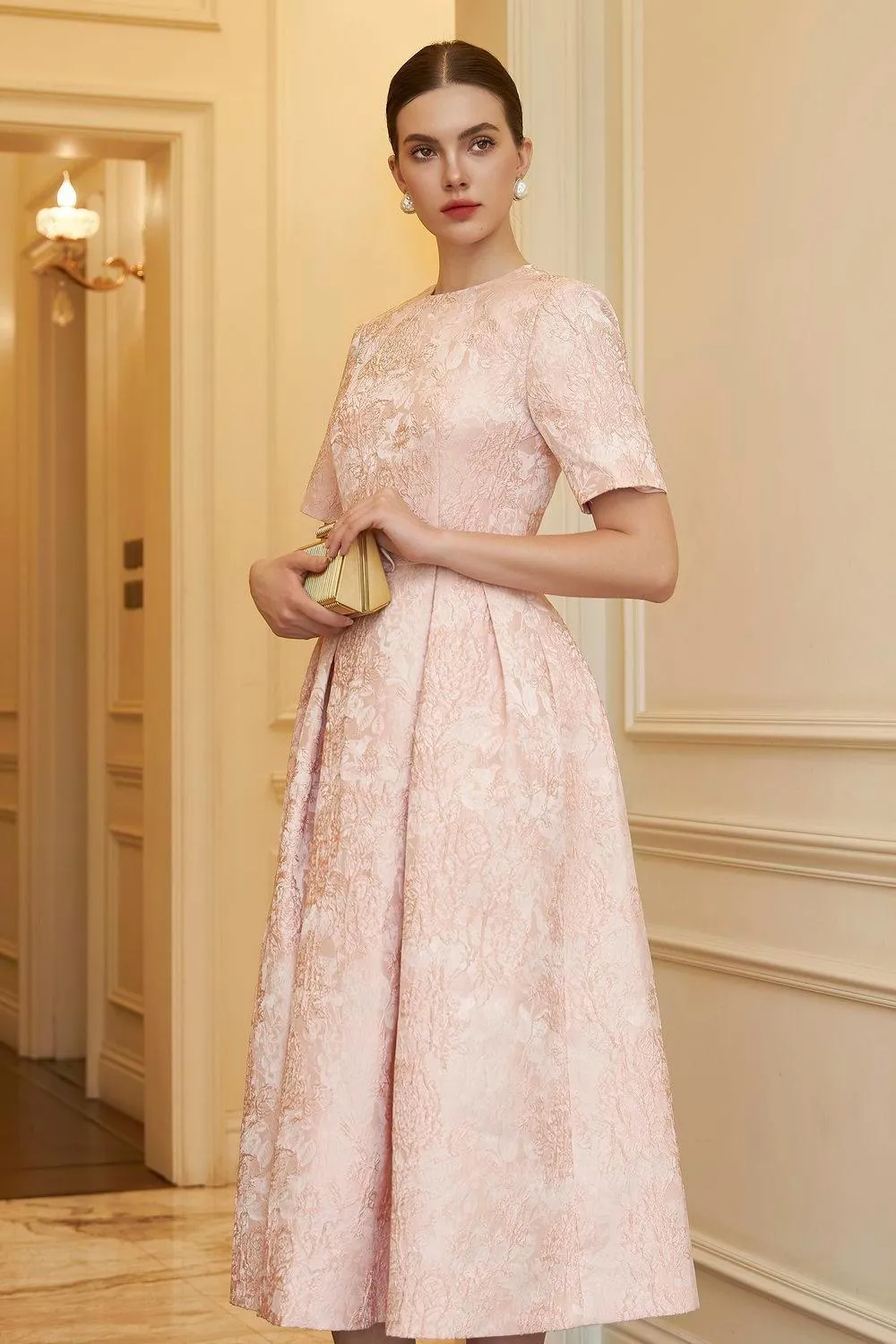 Avery A-line Short Sleeved Brocade Midi Dress