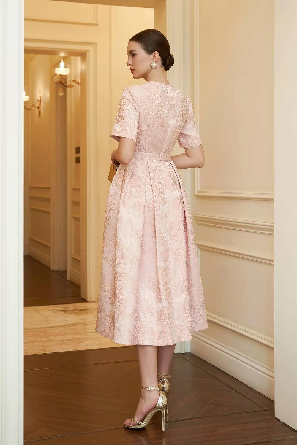 Avery A-line Short Sleeved Brocade Midi Dress