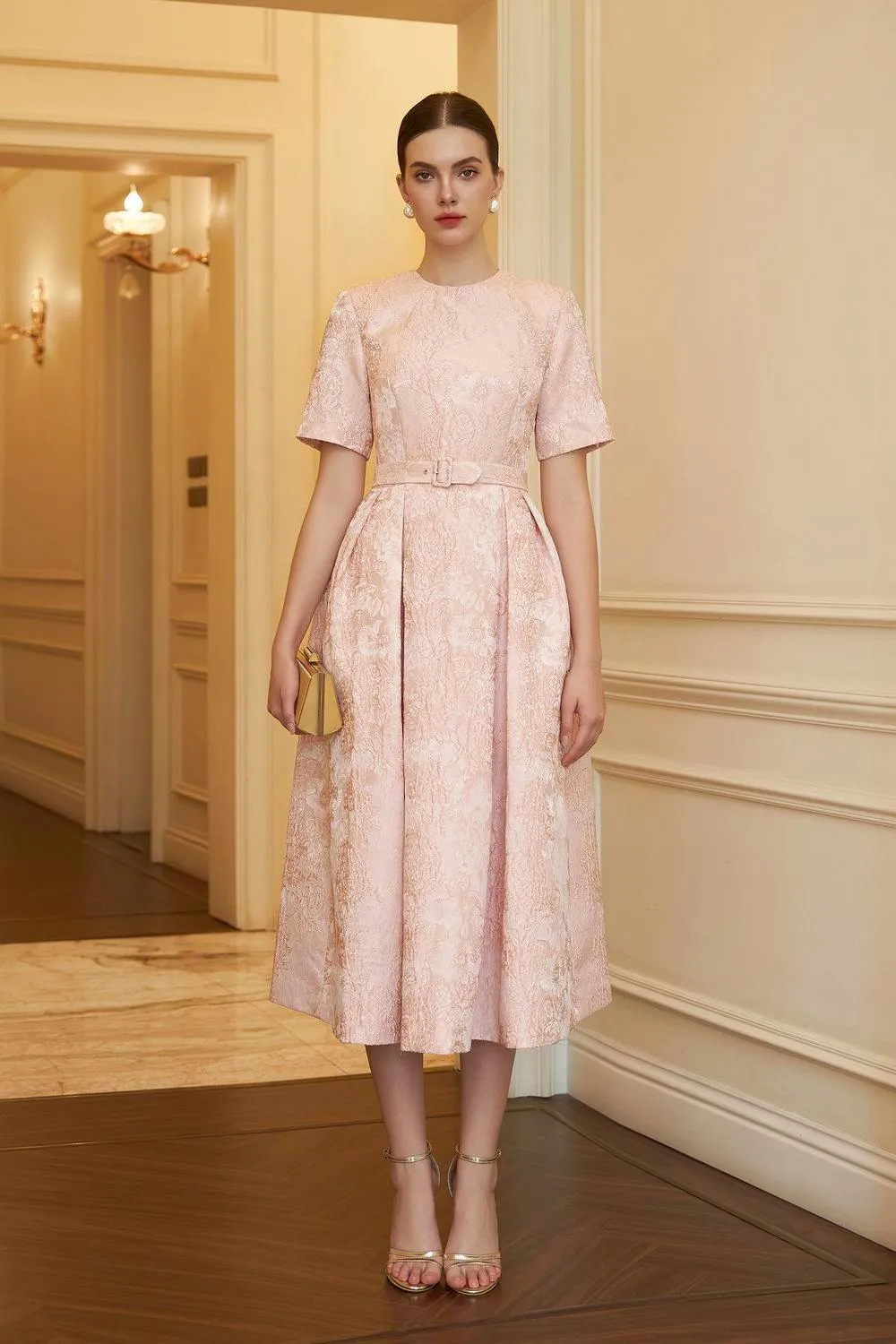 Avery A-line Short Sleeved Brocade Midi Dress