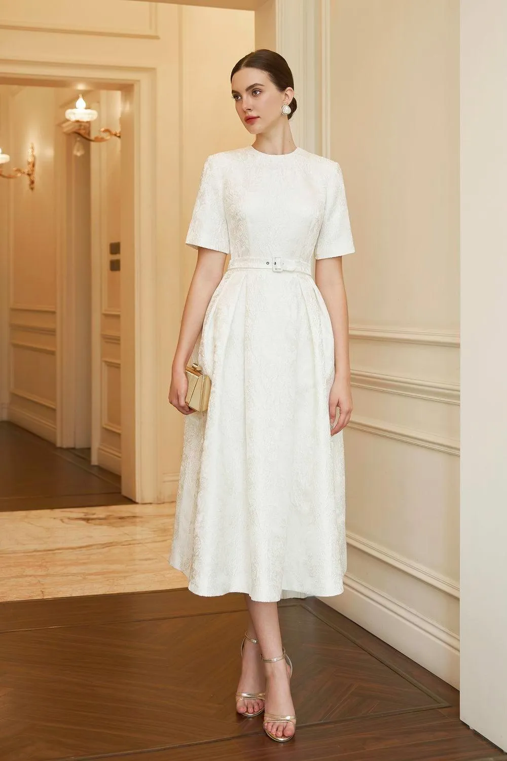 Avery A-line Short Sleeved Brocade Midi Dress