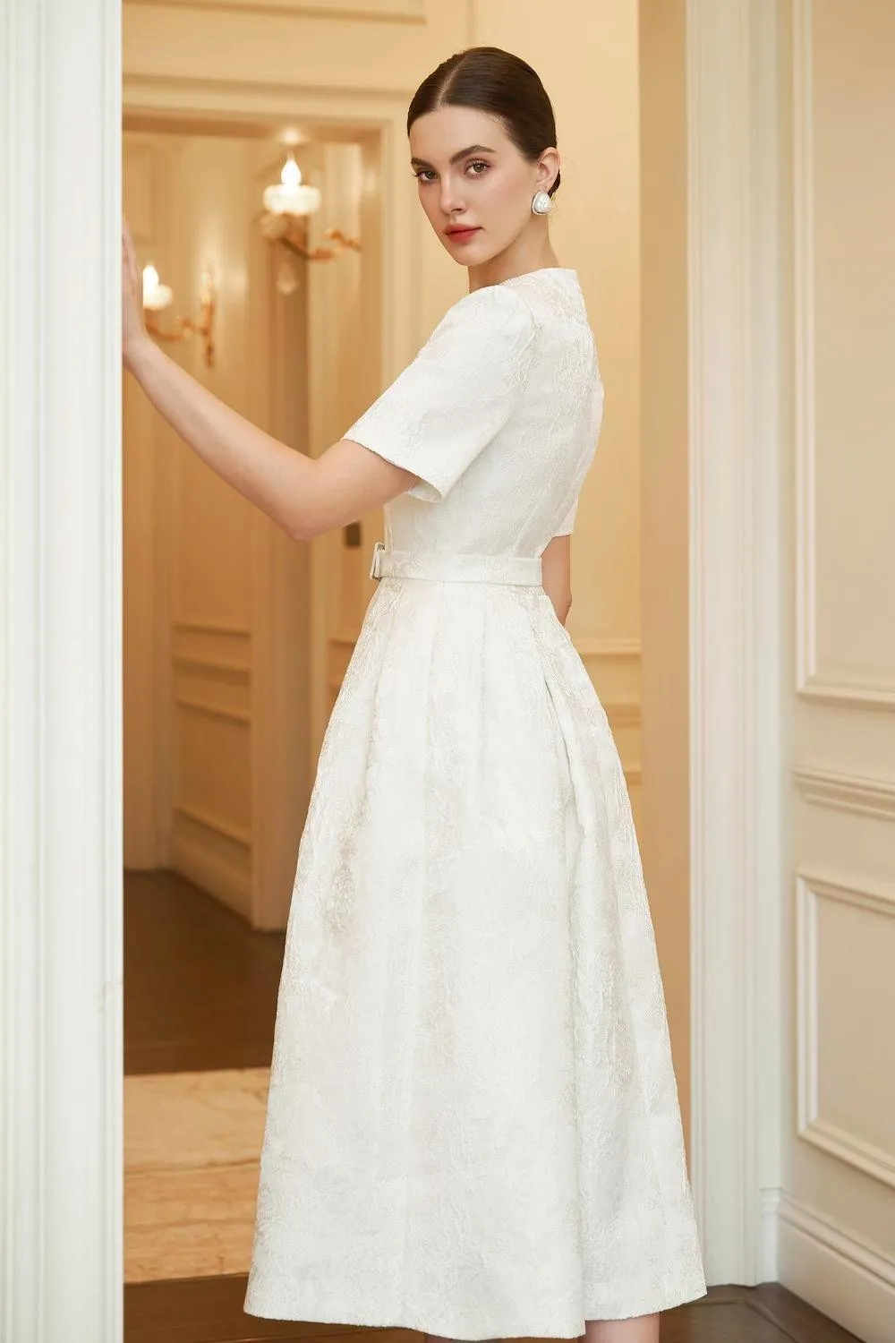 Avery A-line Short Sleeved Brocade Midi Dress