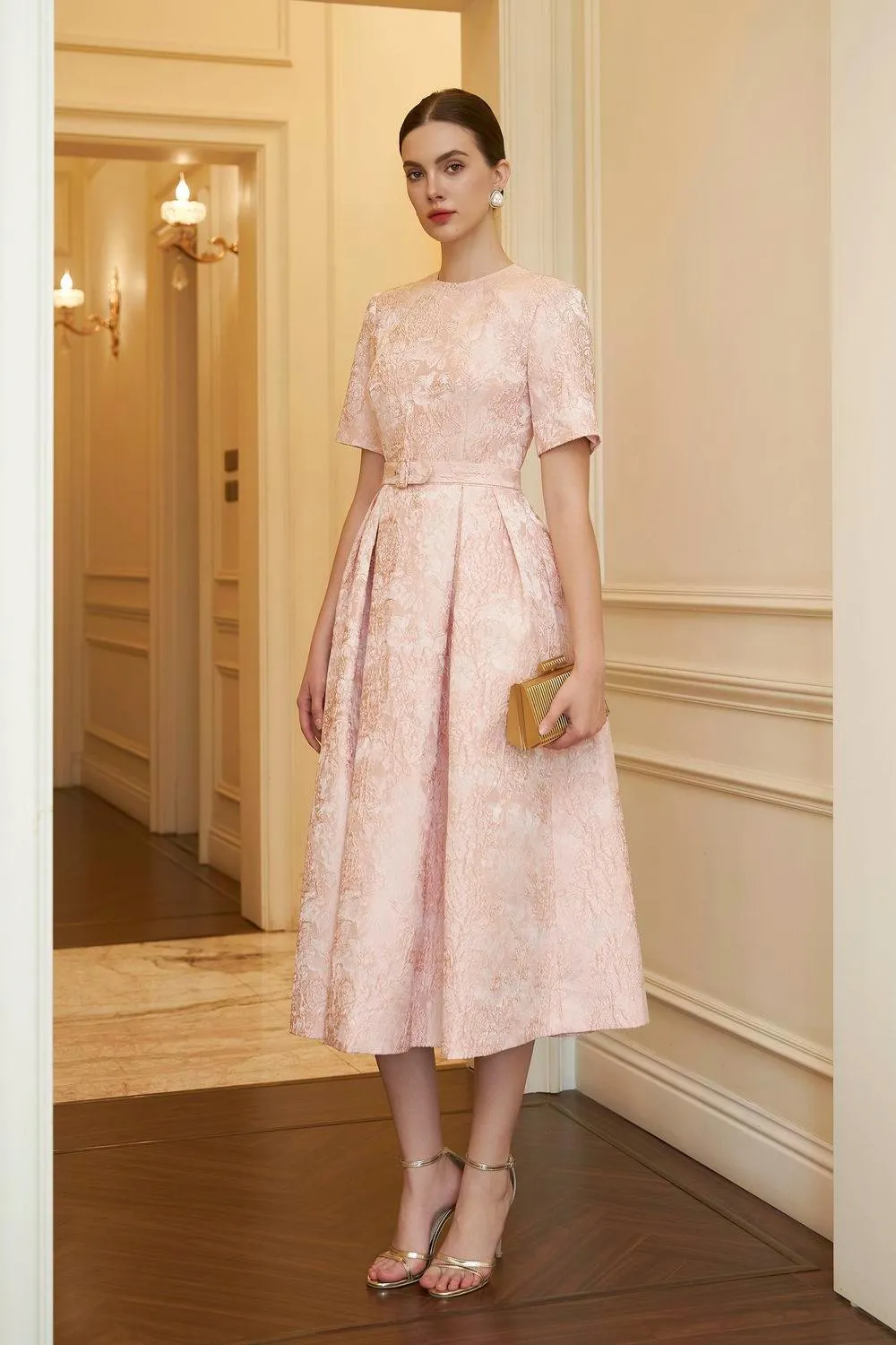 Avery A-line Short Sleeved Brocade Midi Dress