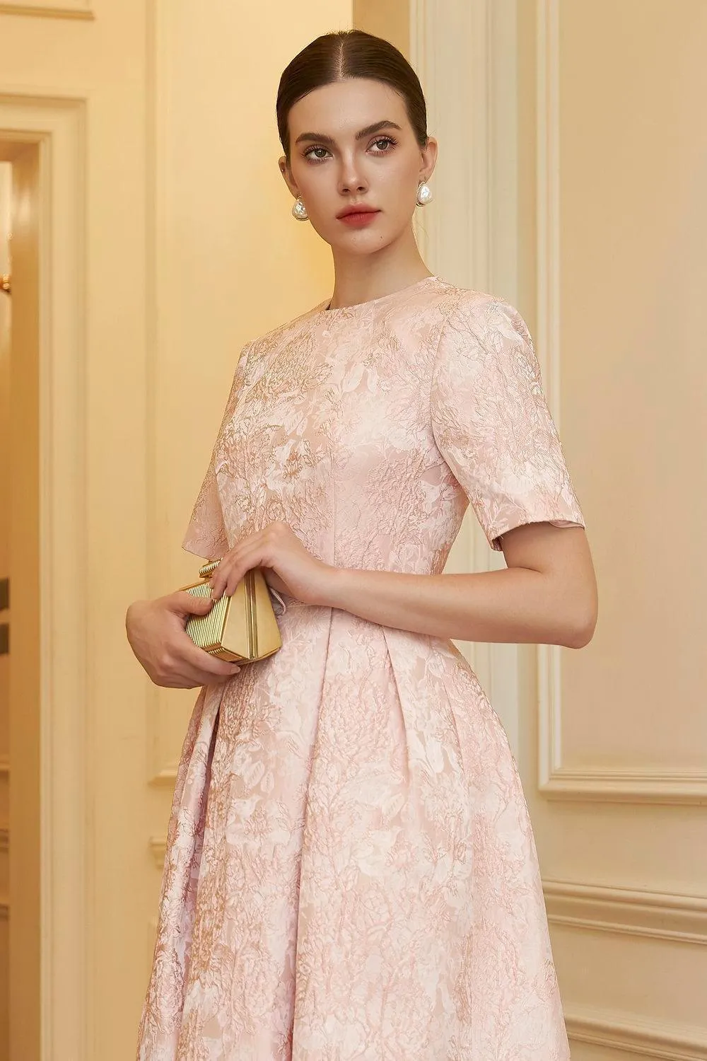 Avery A-line Short Sleeved Brocade Midi Dress