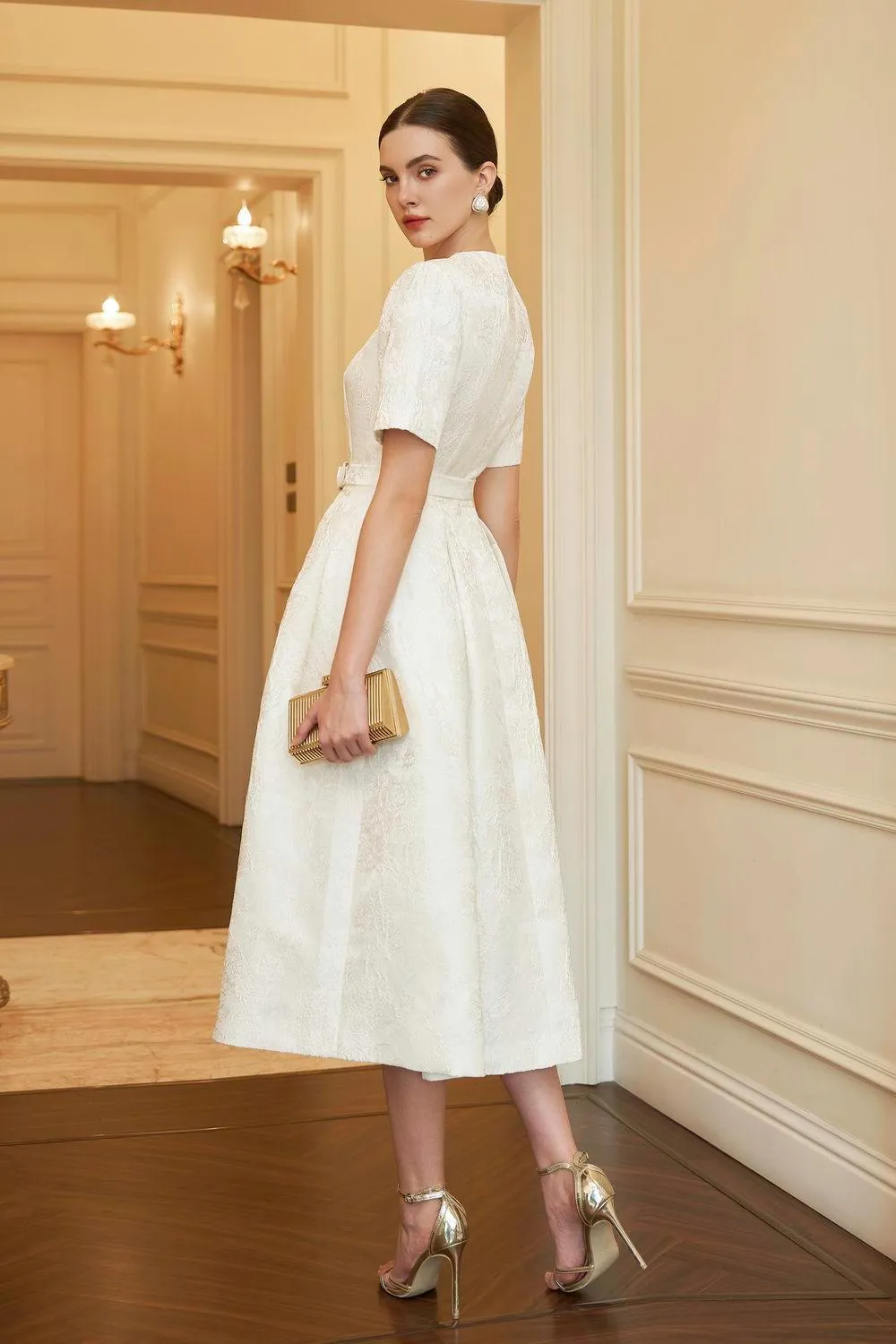 Avery A-line Short Sleeved Brocade Midi Dress