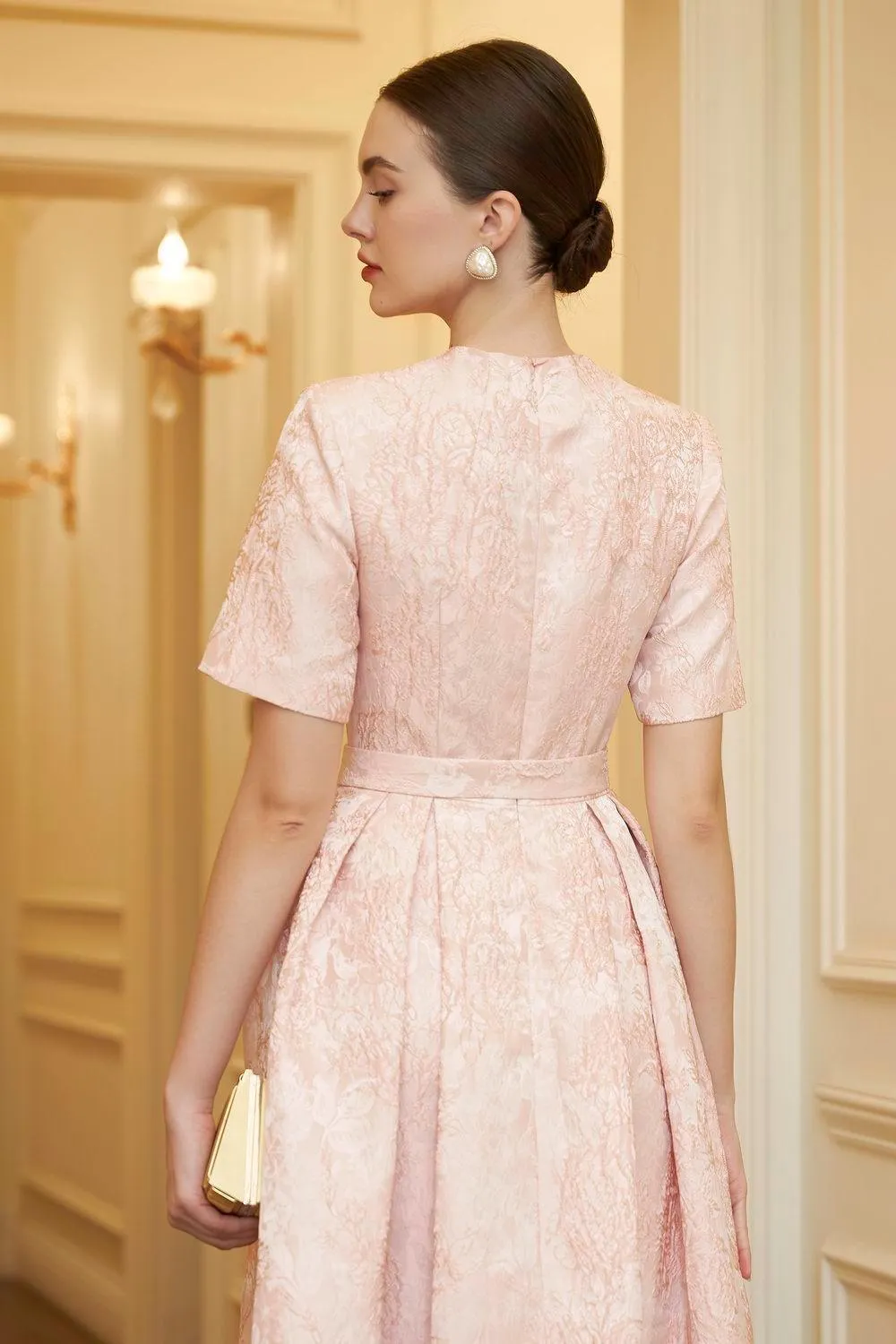 Avery A-line Short Sleeved Brocade Midi Dress