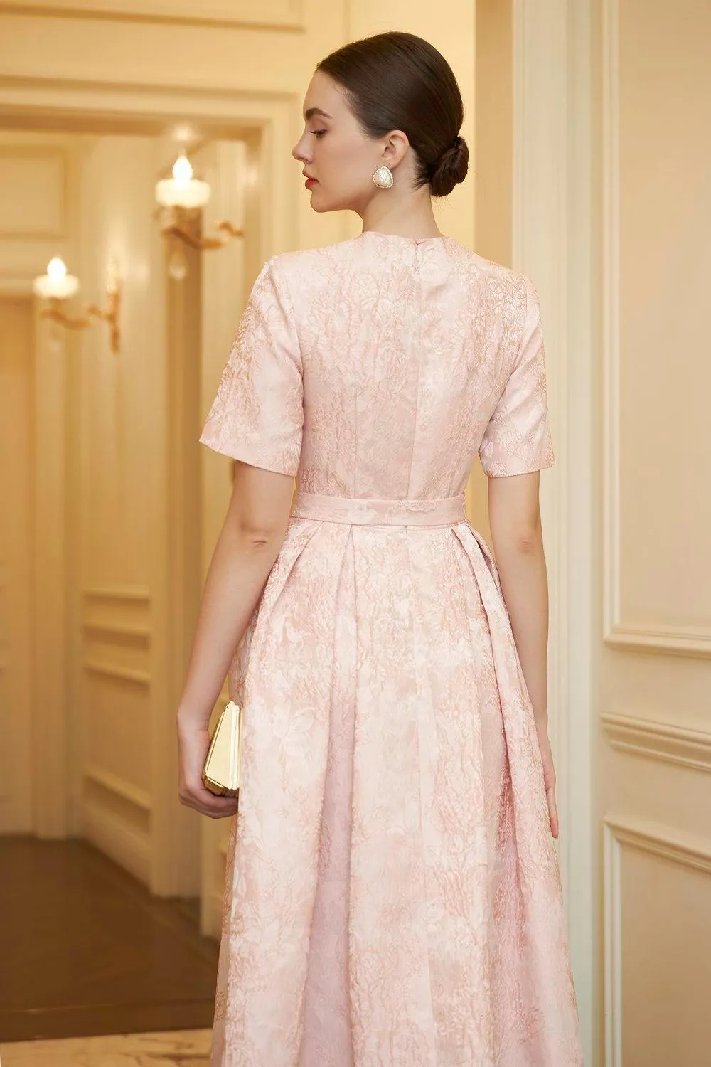Avery A-line Short Sleeved Brocade Midi Dress