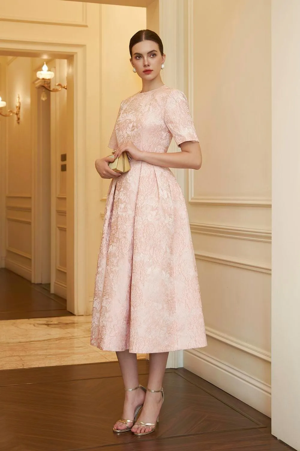 Avery A-line Short Sleeved Brocade Midi Dress