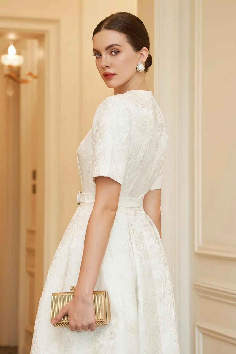 Avery A-line Short Sleeved Brocade Midi Dress
