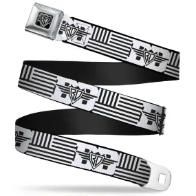 BD Wings Logo CLOSE-UP Full Color Black Silver Seatbelt Belt - BD Logo/American Stripe Flag White/Black Webbing