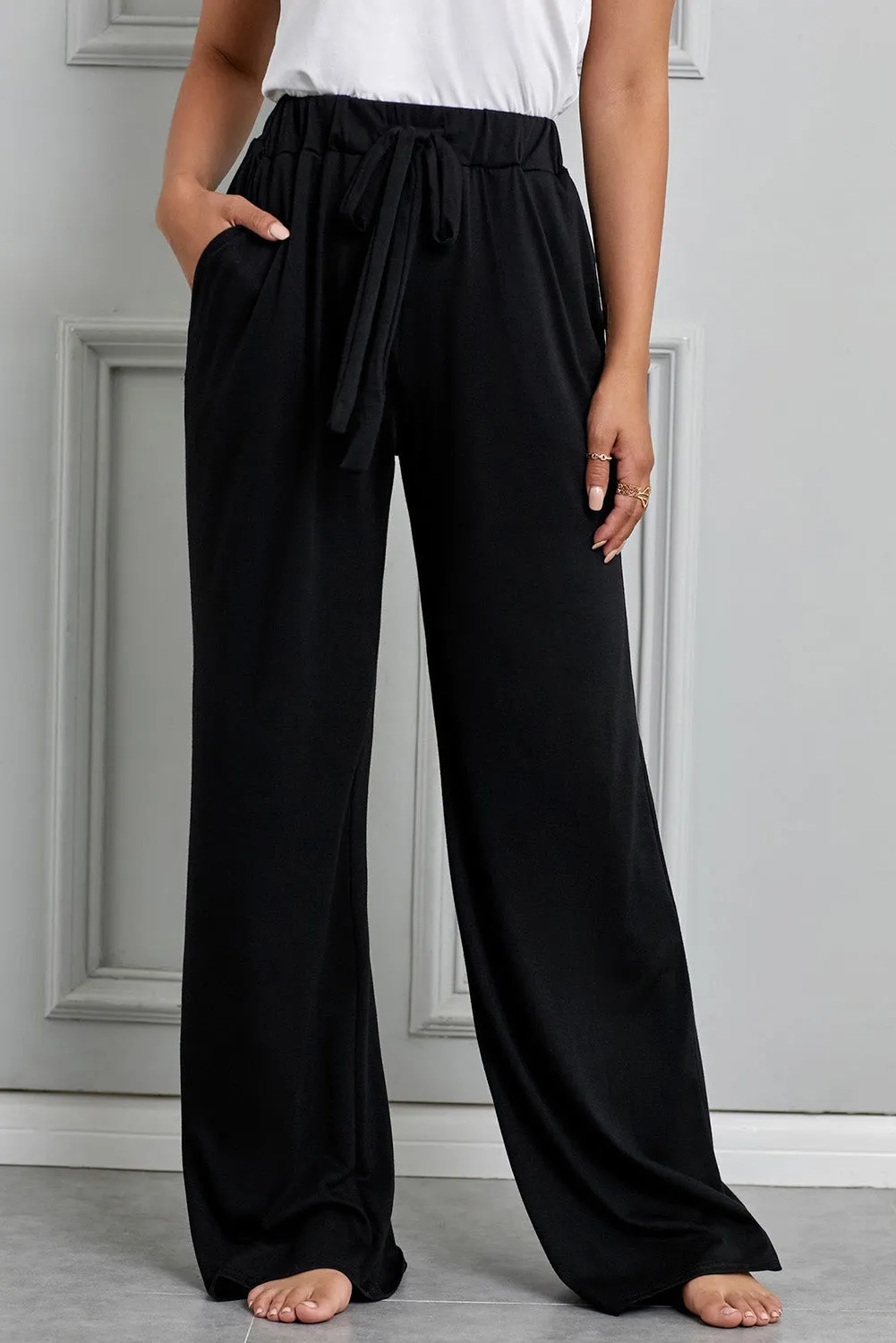 Black Drawstring Lounge Wide Leg Pants
