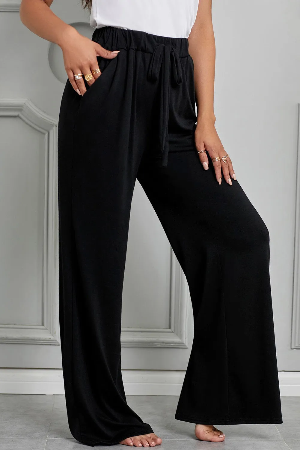 Black Drawstring Lounge Wide Leg Pants