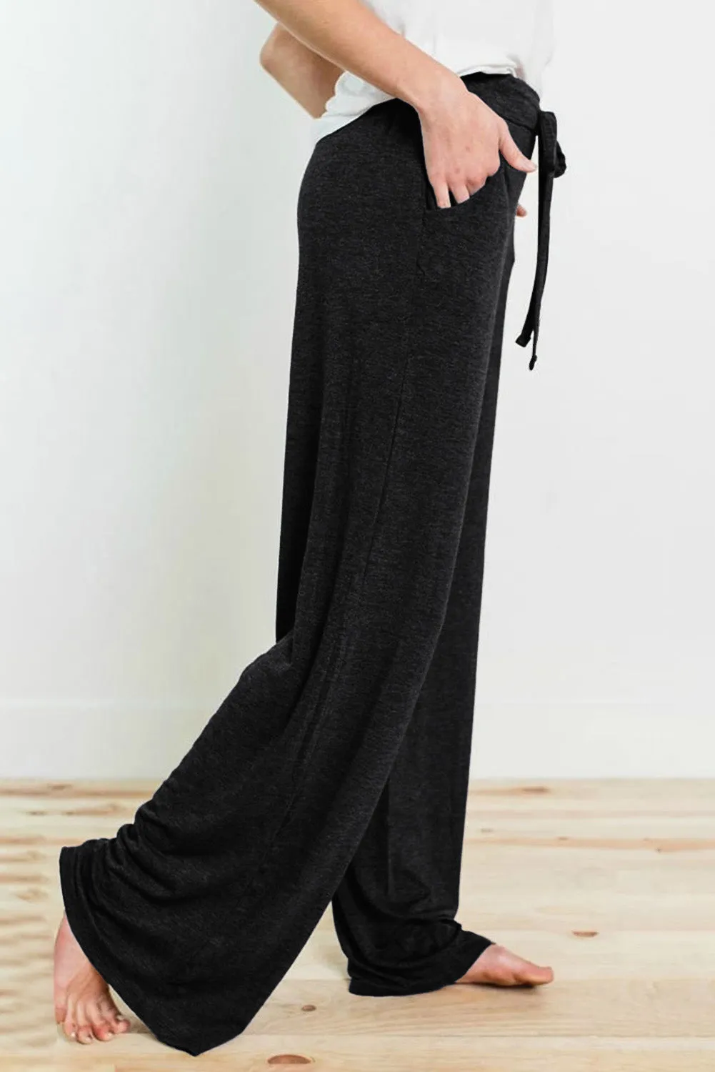Black Drawstring Lounge Wide Leg Pants