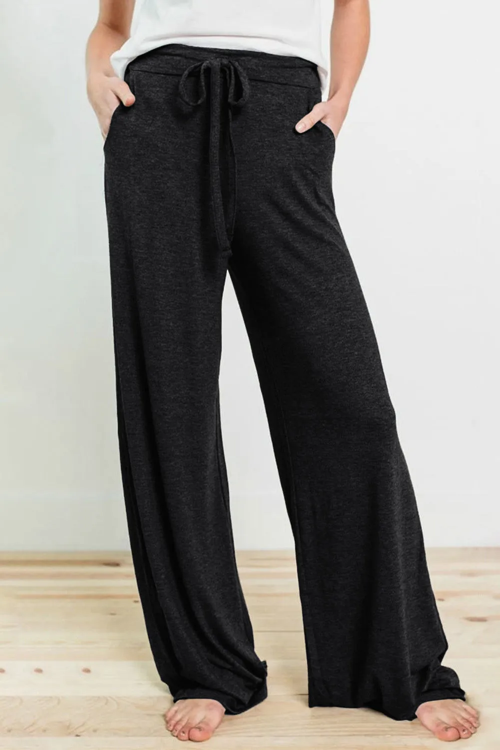 Black Drawstring Lounge Wide Leg Pants