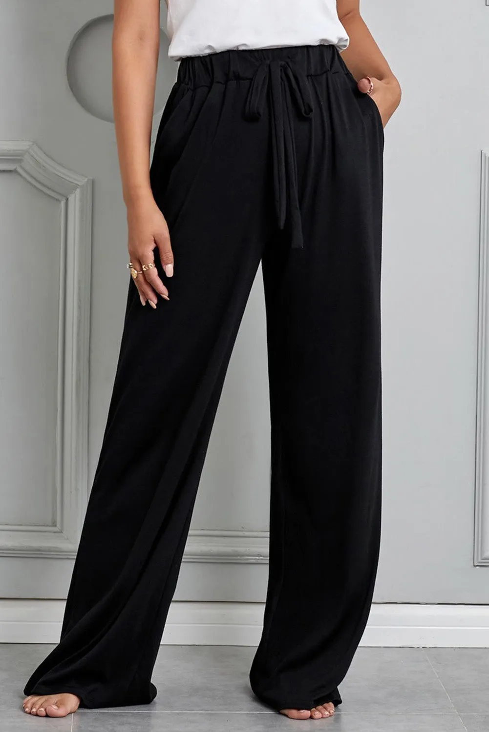 Black Drawstring Lounge Wide Leg Pants
