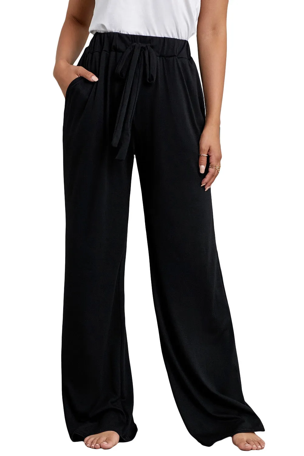 Black Drawstring Lounge Wide Leg Pants
