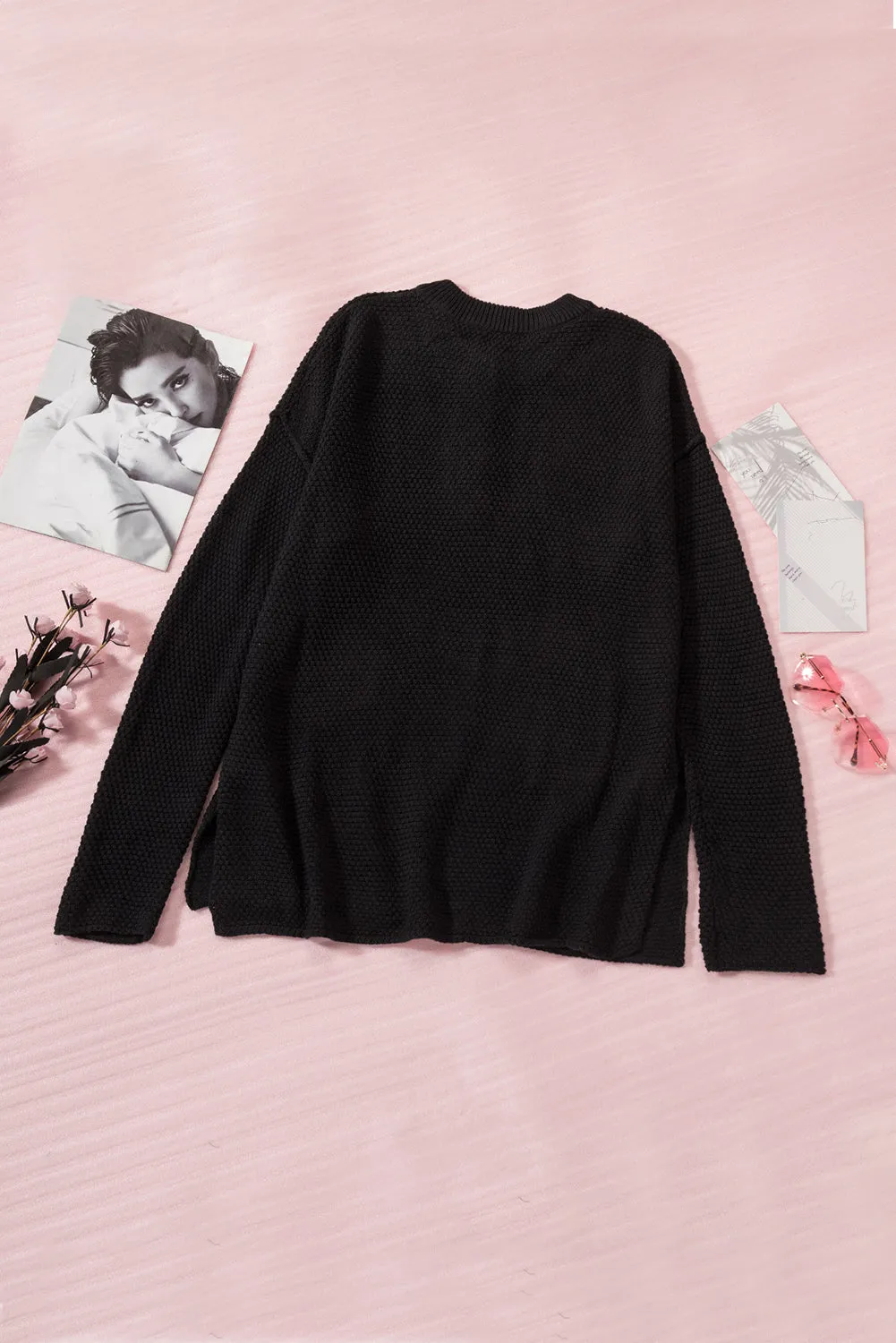 Black Drop Shoulder Casual Pullover Sweater