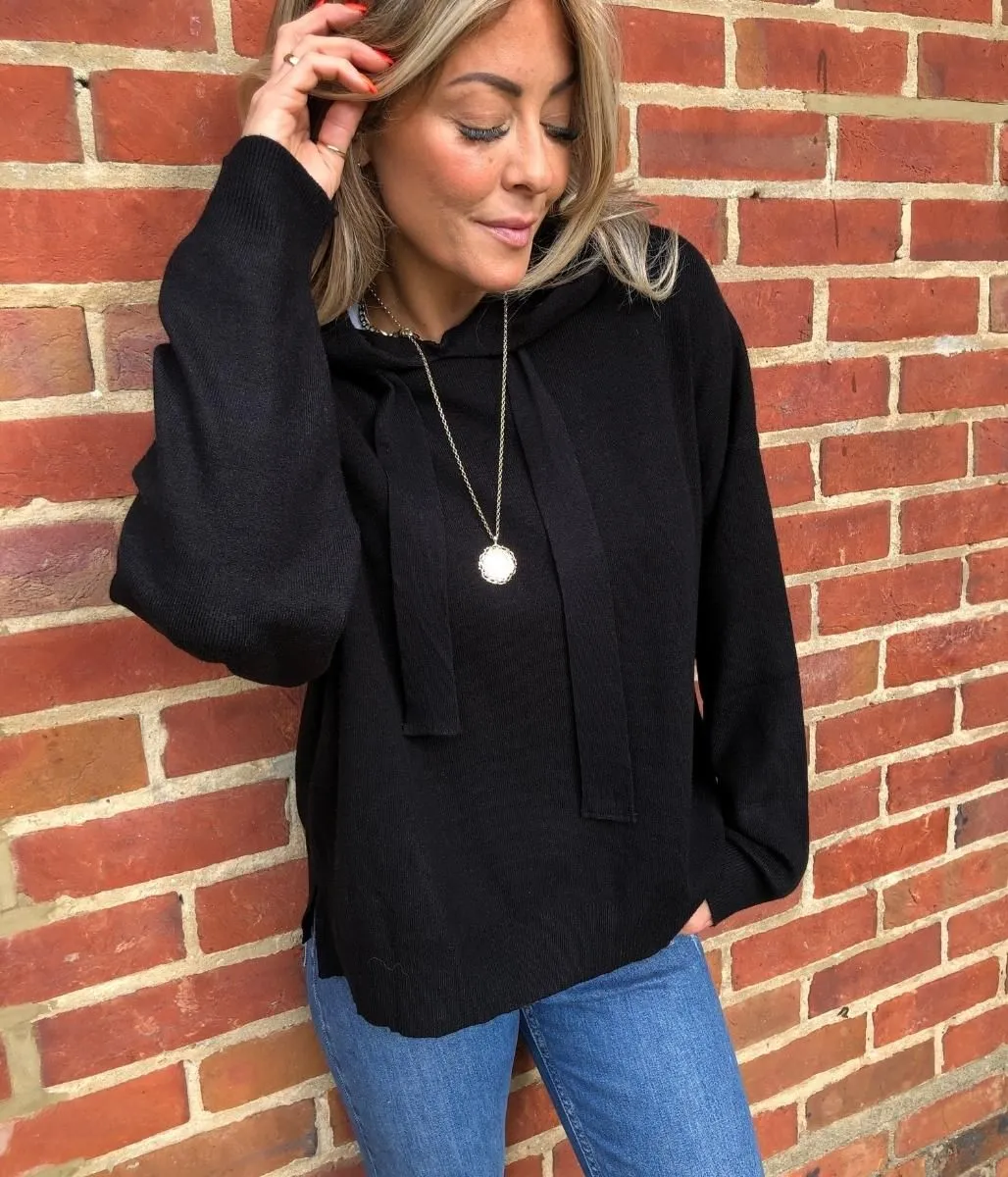 Black Knitted Hooded Jumper