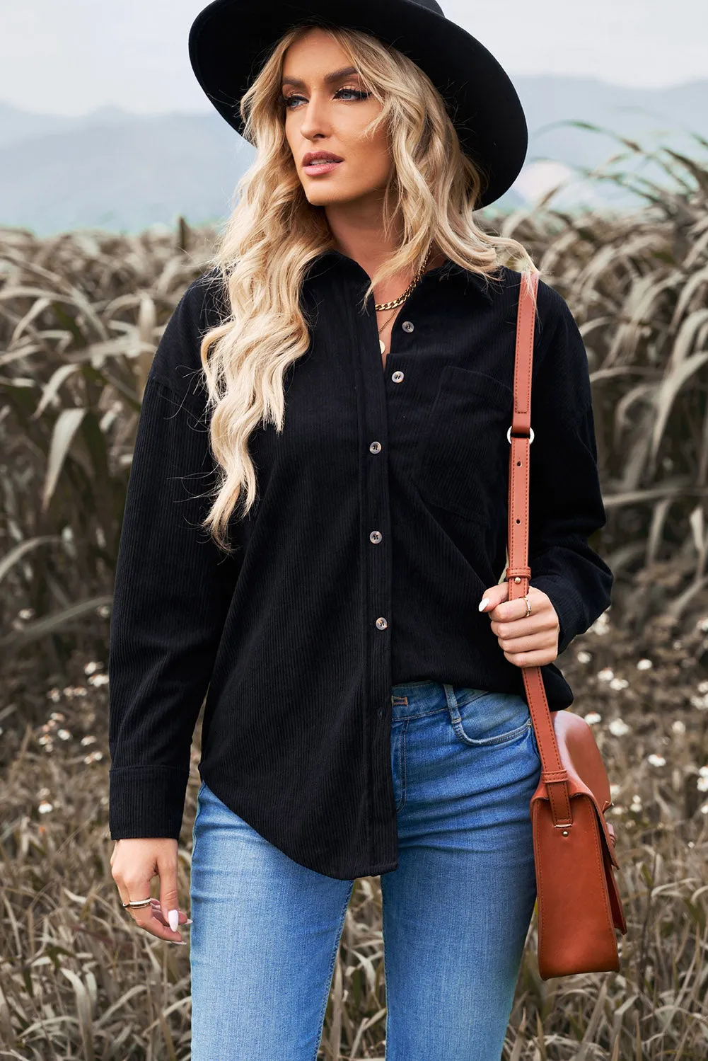Black Pocket Corduroy Shirt
