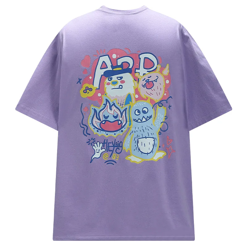 Cartoon Graphic Print Loose Purple T-shirt