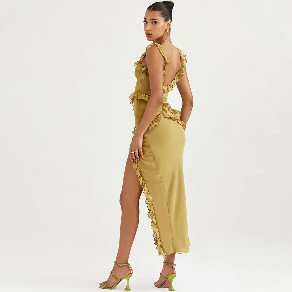 Chiffon Green Sleeveless Long Dress