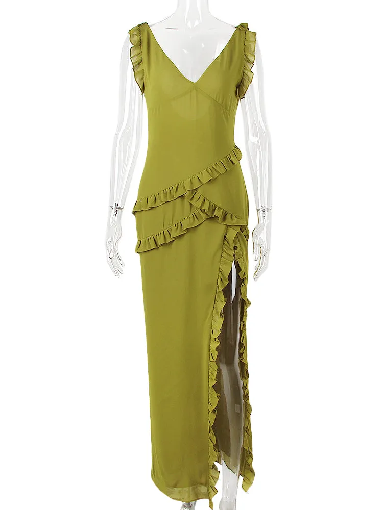 Chiffon Green Sleeveless Long Dress