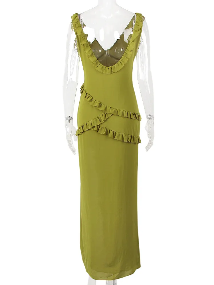 Chiffon Green Sleeveless Long Dress