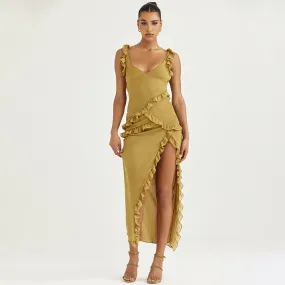 Chiffon Green Sleeveless Long Dress