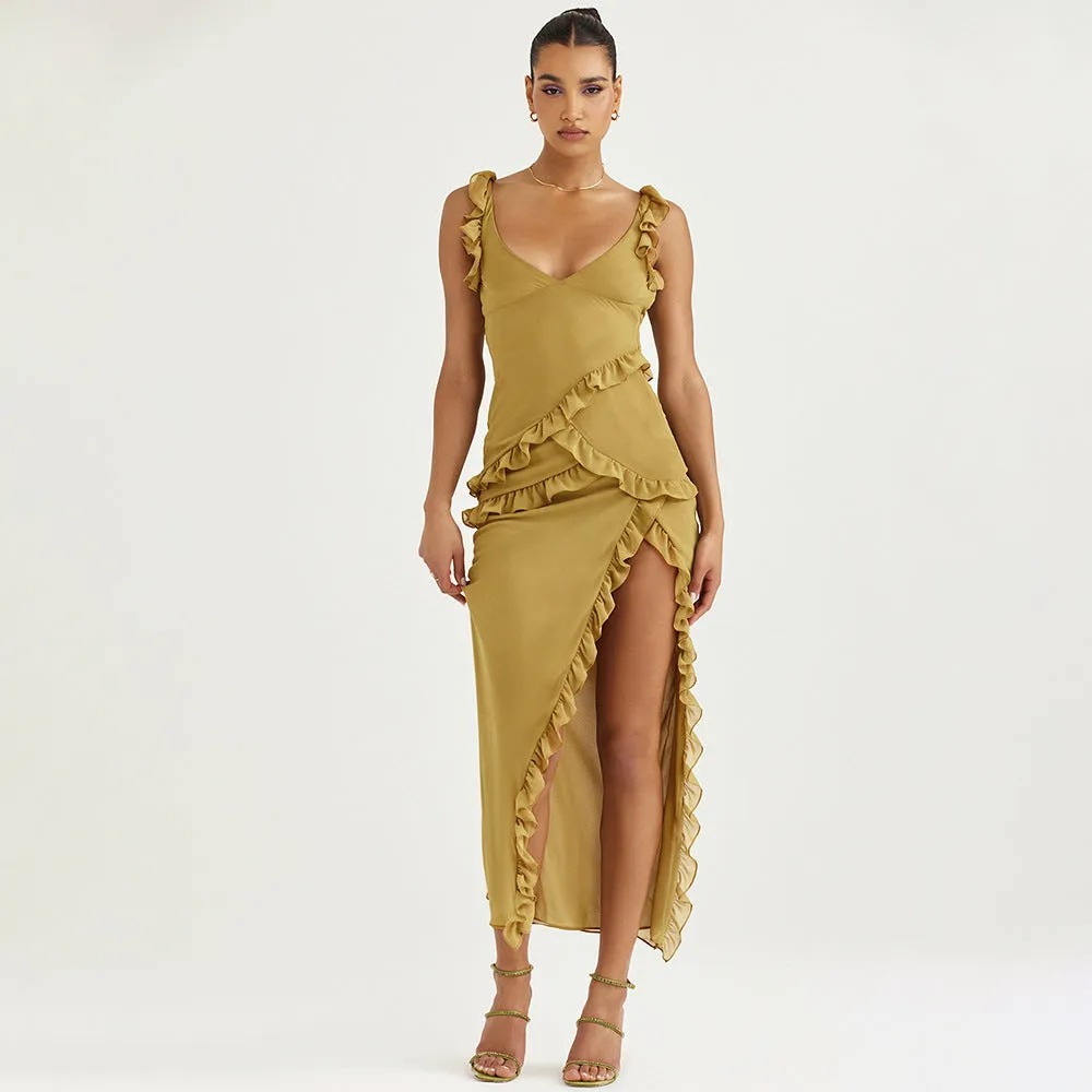 Chiffon Green Sleeveless Long Dress