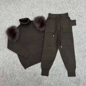 Childrens Chocolate Luxury Fur Roll Neck Jogger Tracksuit