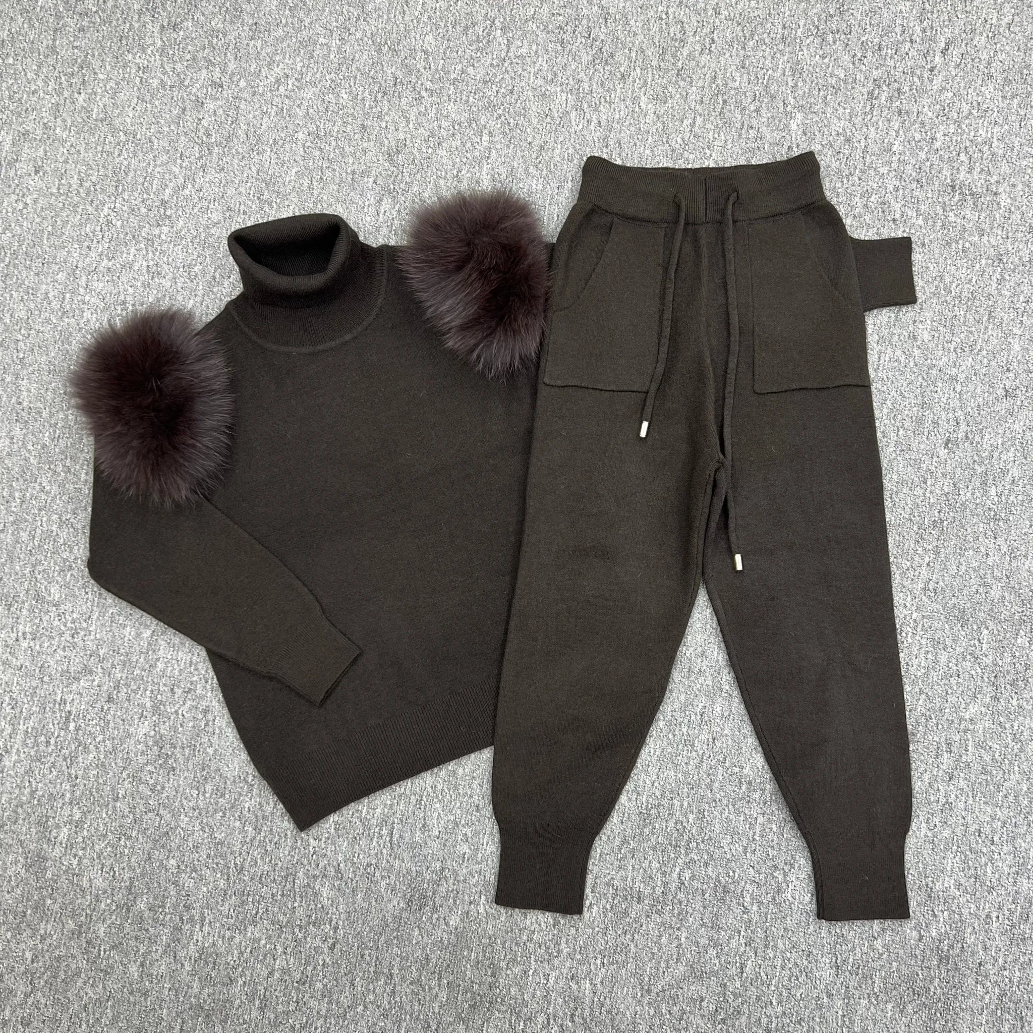 Childrens Chocolate Luxury Fur Roll Neck Jogger Tracksuit
