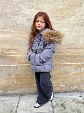 Childrens Grey Luxury Fur Padded Belted Coat