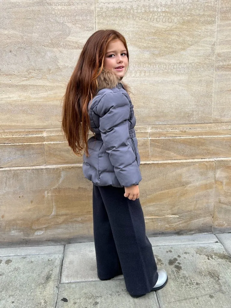 Childrens Grey Luxury Fur Padded Belted Coat