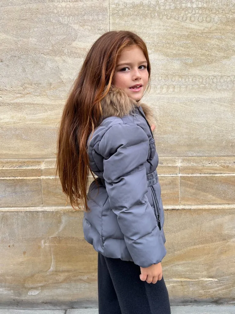 Childrens Grey Luxury Fur Padded Belted Coat