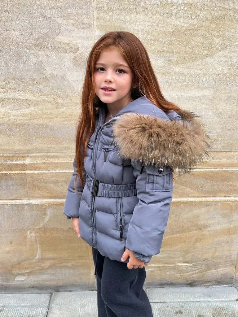 Childrens Grey Luxury Fur Padded Belted Coat