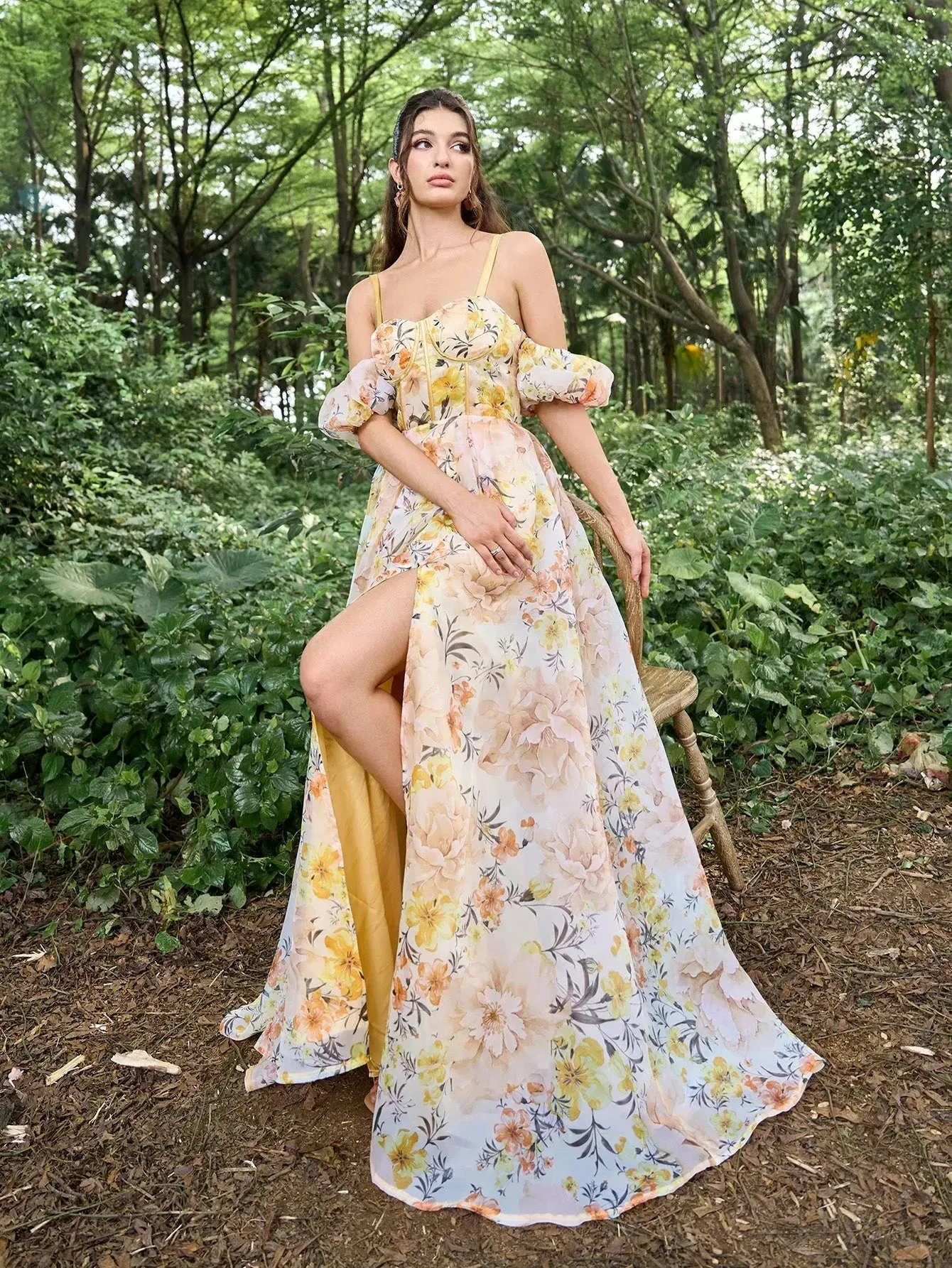 Elegant Off Shoulder Puff Sleeves Floral Printed Organza Slip Prom Dress