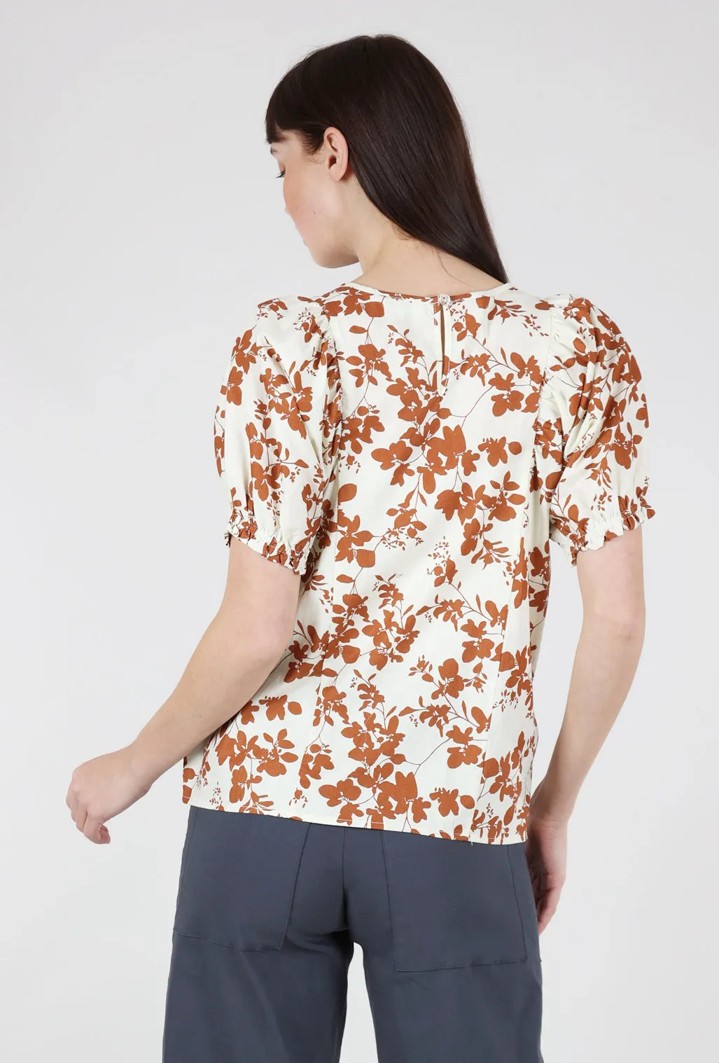 Floral Print Puff-Sleeve Top, Cream