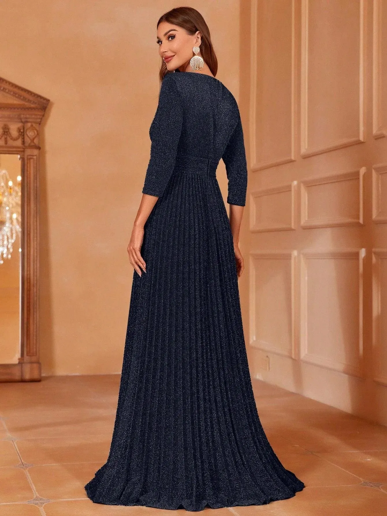 Glitter 3/4 Sleeves Pleated A Line Dress