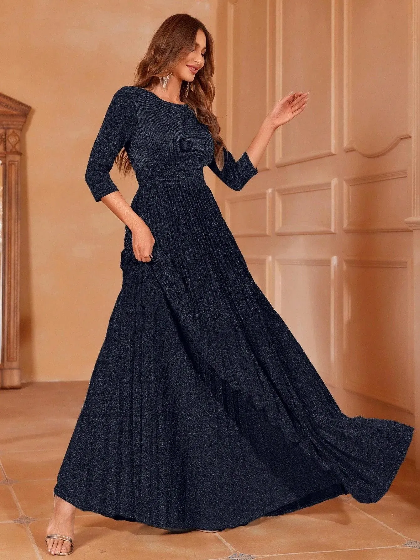 Glitter 3/4 Sleeves Pleated A Line Dress